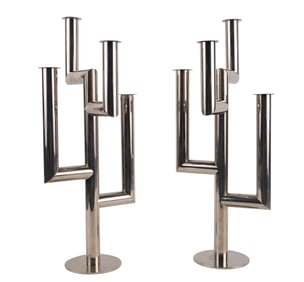 Pair of Karl Hagenauer Chrome Plated Brass Candelabras