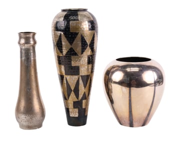 Three Mixed Metal Art Deco Vases