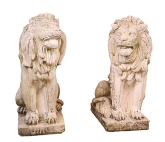 Pair of Cast Stone Seated Lions