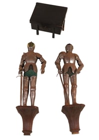 Pair of Model Tole Knights and Accompanying Wall Brackets