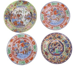 Four Chinese Export Clobbered Porcelain Plates