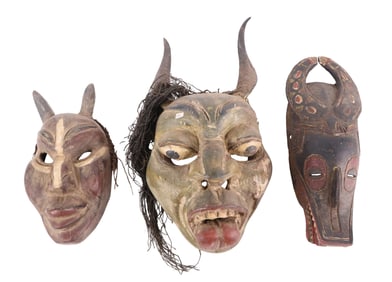 Three African Carved and Painted Wood Horned Masks