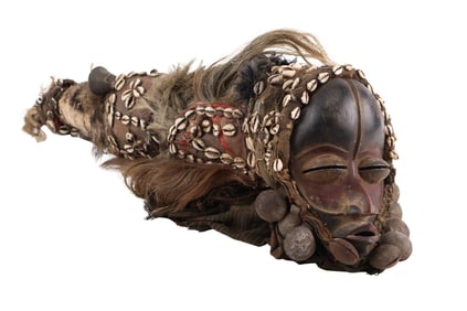 African Carved Wood, Shell, Metal, and Fabric Mask