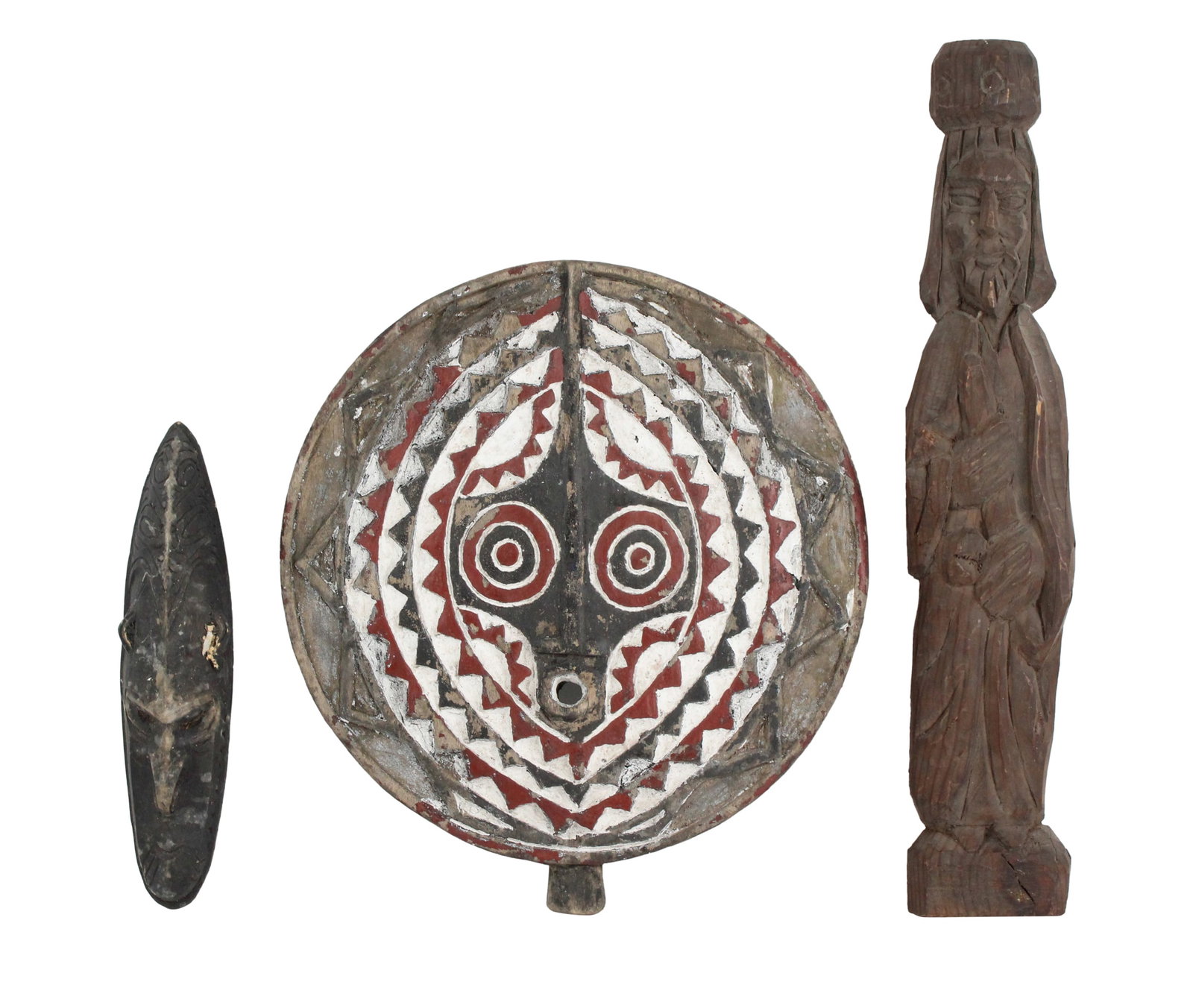 African Bwa Carved and Painted Wood Mask: African Bwa Carved and Painted Wood Mask Together with a carved wood mask and a carved wood figure. 3 pieces Losses, wear, surface distress. Mask: 17 1/2 x 16 x 2 in. (44.5 x 40.6 x 5.1 cm.)
