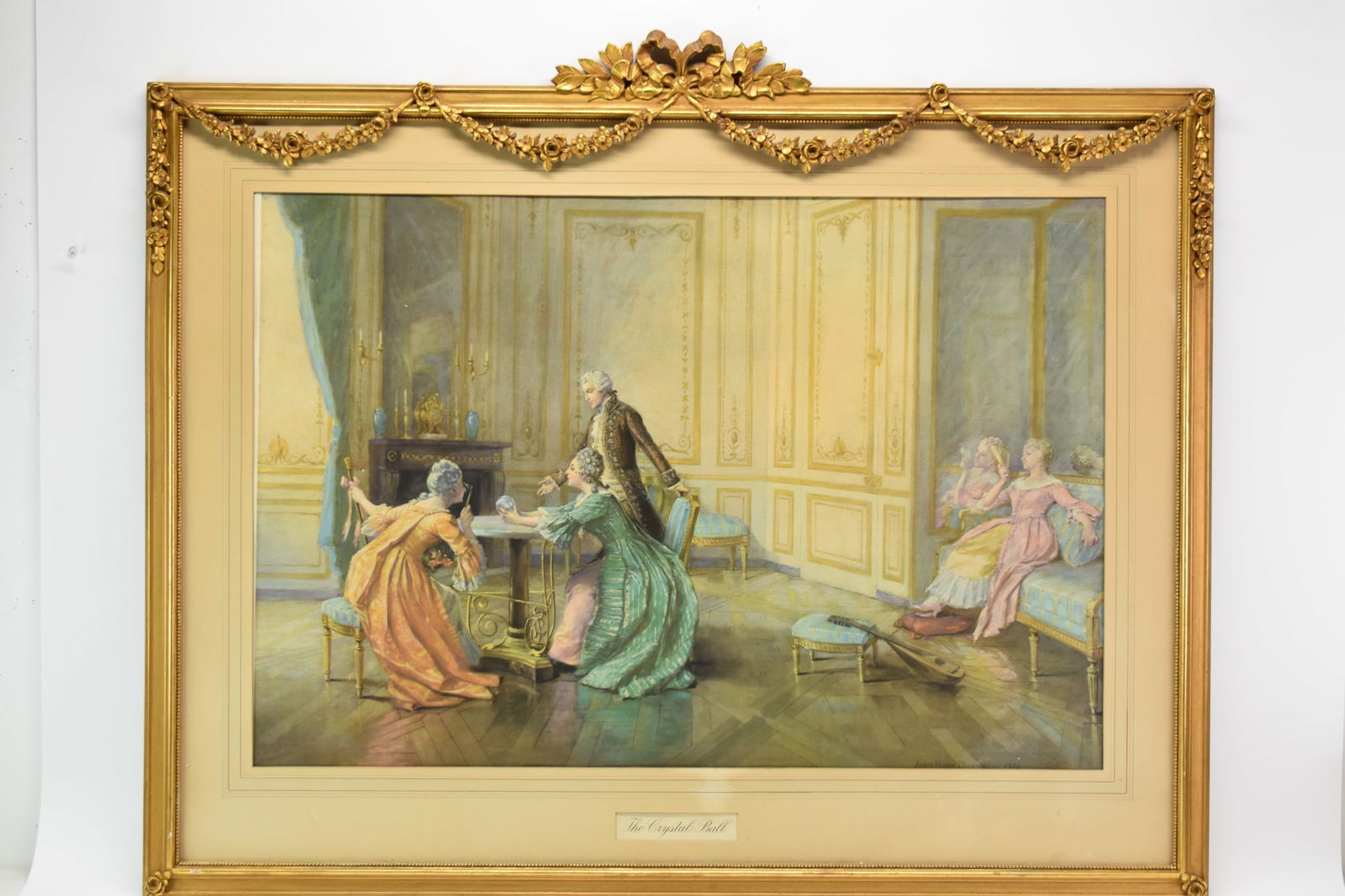 John Ward Dunsmore, 1856-1945, The Crystal Ball, Print: John Ward Dunsmore1856-1945The Crystal BallPrintSigned in the print l.r.Sight: 23 x 34 in. (58.4 x 86.4 cm.), Frame: 34 3/4 x 42 1/2 x 1 1/2 in. (88.3 x 108 x 3.8 cm.)