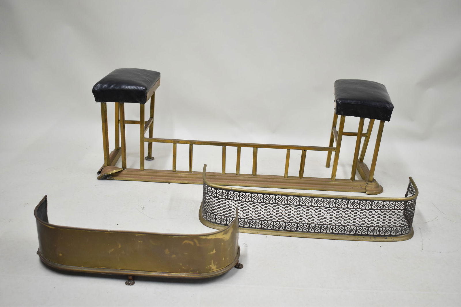 Vintage Brass Fire Place Fender with Black Leather Cushions (1 of 13)