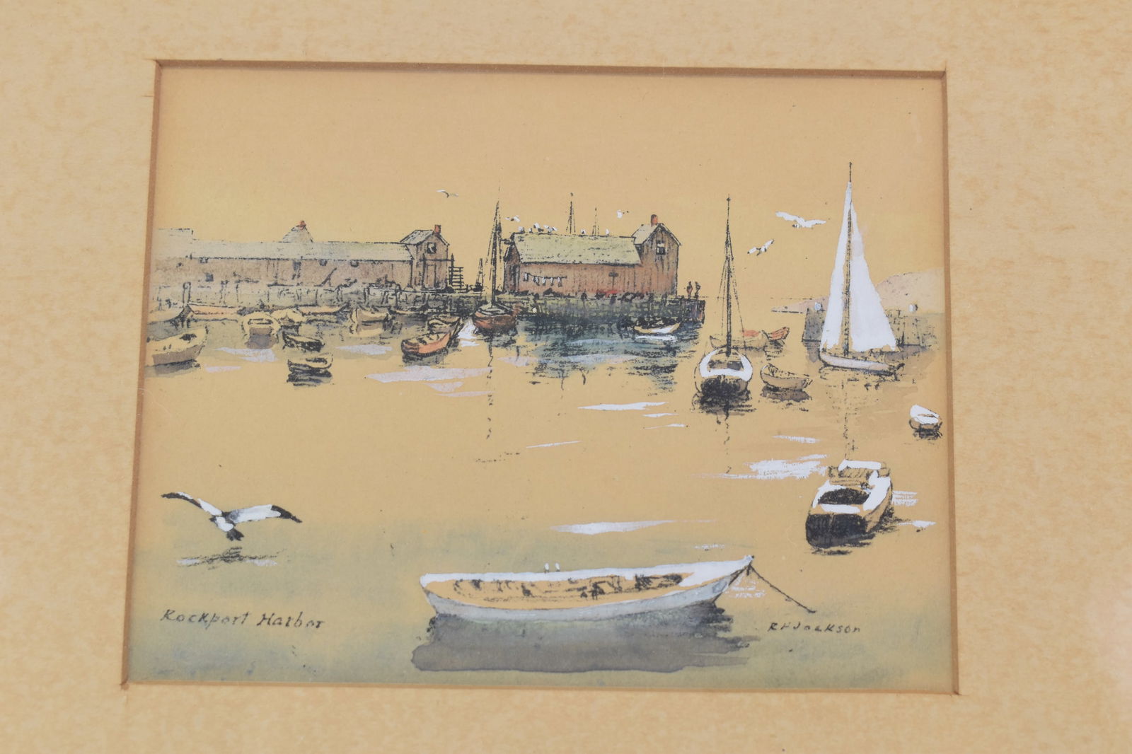 Vintage Rockport Harbor Maine Watercolor: Vintage Rockport Harbor Maine WatercolorVintage Rockport Harbor Maine Watercolor signed RF Jackson. Used condition. Framed size 8 5/8" x 9 1/2", sight size 3 3/4" x 5"8 3/4 x 9 1/2