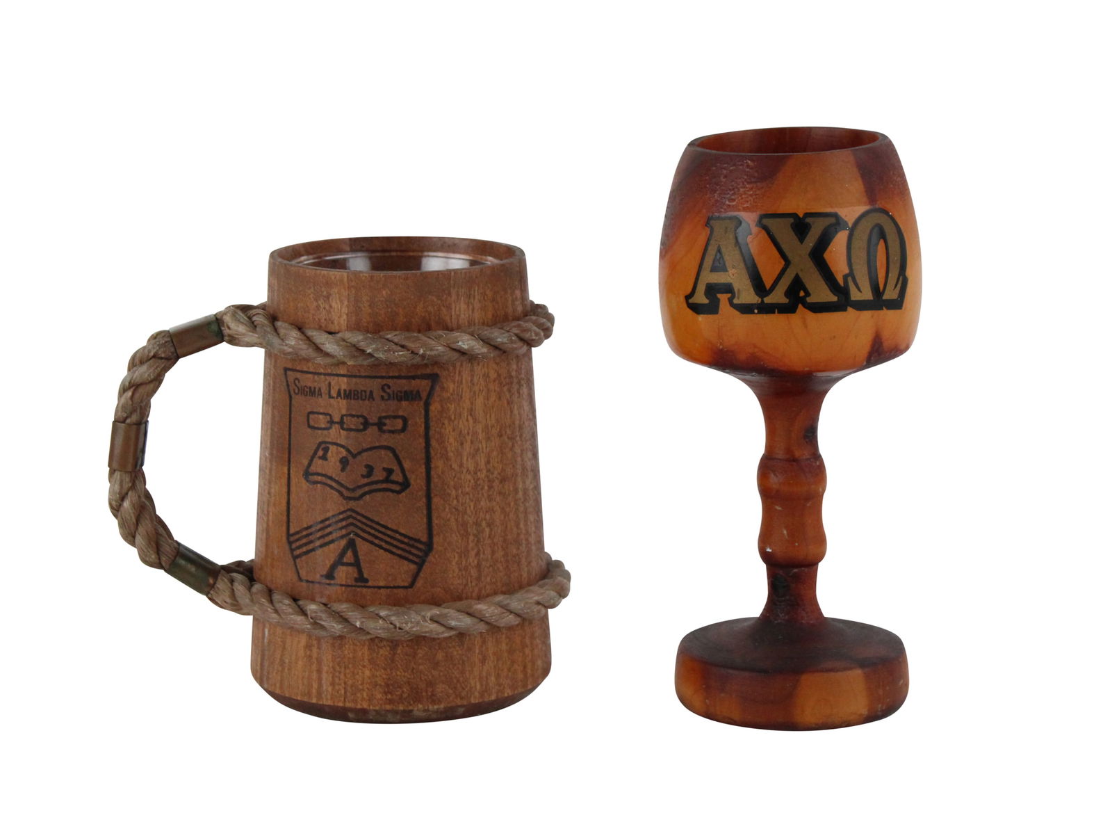 Vintage Woman's Sorority Chalice: Vintage Woman's Sorority ChaliceAlpha Chi Omega. Together with a 1937 Sigma Lamboa Sigma Mug. Chalice measures 7 5/8" tall x 3 1/2" diameter