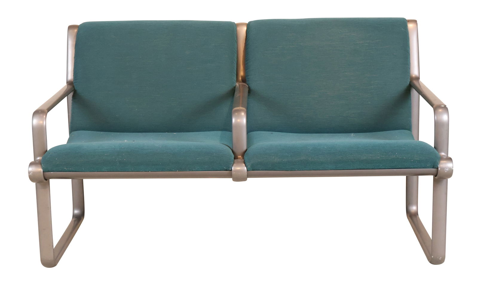 Set of Knoll Two Seat Reception Chairs: Set of Knoll Two Seat Reception ChairsWith green upholstery.Surface distress and wear.28 1/2 x 49 1/2 x 27 1/2 in. (72.4 x 125.7 x 69.9 cm.)
