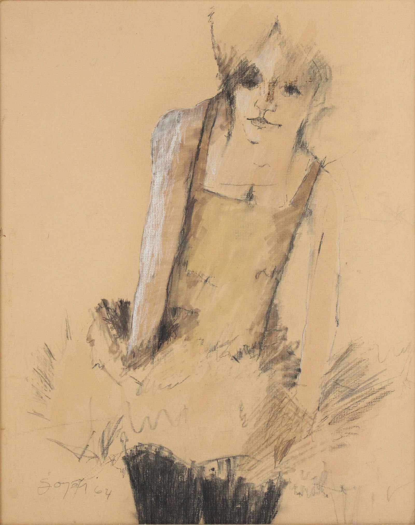 Moses Soyer, Girl in Tutu, Mixed Media on Paper: Moses SoyerGirl in TutuMixed Media on PaperSigned in pencil l.l. "Soyer 64"Sight: 19 1/2 x 15 1/2 in. (49.5 x 39.4 cm.), Frame: 23 1/4 x 19 1/4 x 1 1/2 in. (59.1 x 48.9 x 3.8 cm.)