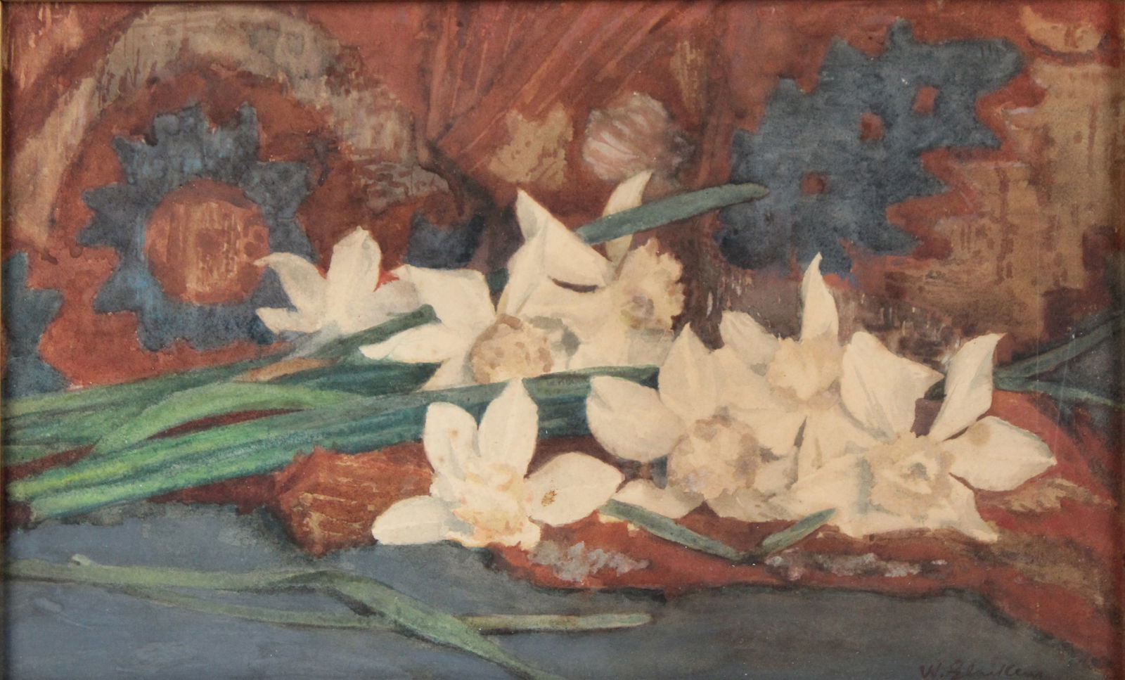 Still Life of Daffodils, Watercolor: Still Life of DaffodilsWatercolorBears signature l.r. "William Glackens"Sight: 8 x 13 1/2 in. (20.3 x 34.3 cm.), Frame: 12 3/4 x 18 x 1 1/2 in. (32.4 x 45.7 x 3.8 cm.)