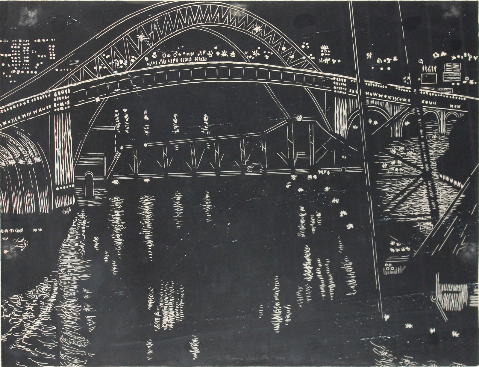 Yvonne Jacquette, 1934-2023, Bridges Over Cuyahoga River, Cleveland, Woodcut Print: Yvonne Jacquette1934-2023Bridges Over Cuyahoga River, ClevelandWoodcut PrintSight: 17 3/4 x 22 3/4 in. (45.1 x 57.8 cm.), Frame: 26 3/4 x 31 3/4 x 1 in. (67.9 x 80.6 x 2.5 cm.)