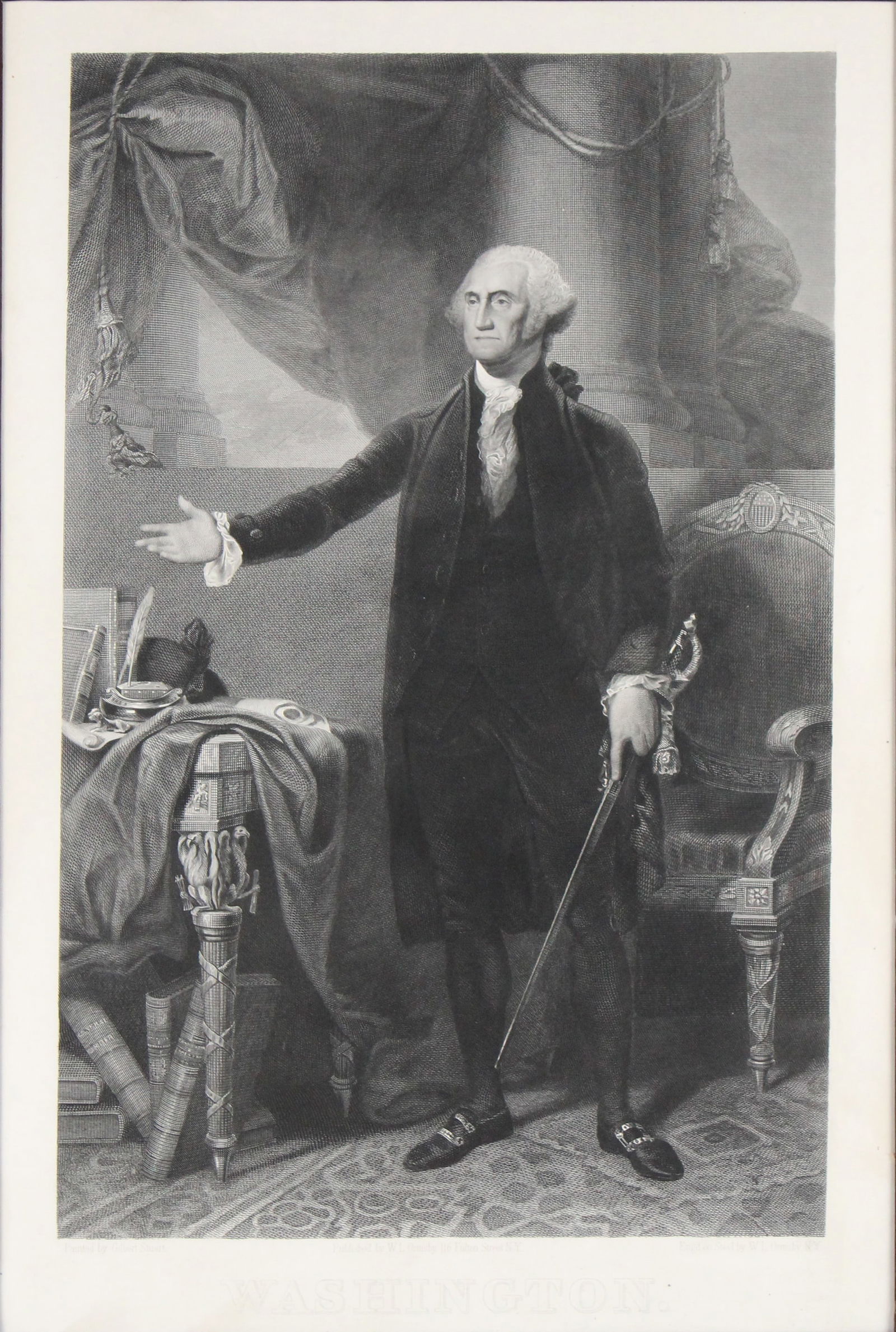After Gilbert Stuart, George Washington, Engraving: After Gilbert StuartGeorge WashingtonEngravingEngraved by W.L. Ormsby, NY.Sight: 22 1/2 x 15 in. (57.2 x 38.1 cm.), Frame: 30 x 22 1/4 x 2 in. (76.2 x 56.5 x 5.1 cm.)