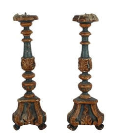Pair of Baroque Style Carved and Painted Altar Pricket Sticks