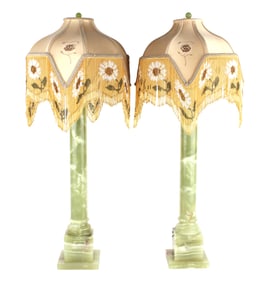 Pair of Green Onyx Columnar Form Table Lamps
