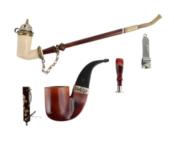 Antique Turned Wood Pipe and Smoking Accessories