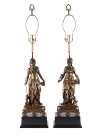 Pair of Patinated Metal Table Lamps of Classical Women