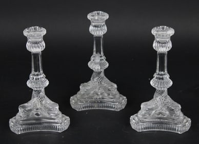 Three Tiffany & Co. Dolphin Base Crystal Candlesticks
