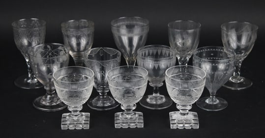 Twelve Etched Glass Goblets