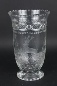 Engraved Deer Hunt Colorless Glass Vase