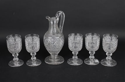Anglo-Irish Cut Glass Pitcher and Five Goblets