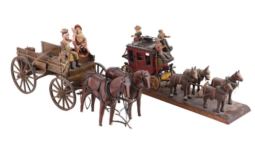 Two Folk Carved Stage Coach and Covered Wagon Toys