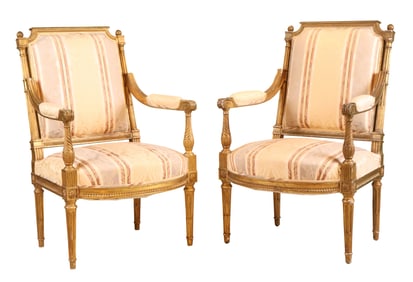 Pair of Louis XVI Style Giltwood Armchairs
