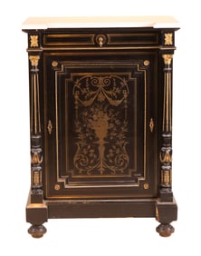 Napoleon III Marble Top, Brass-Inlaid Ebonized Cabinet