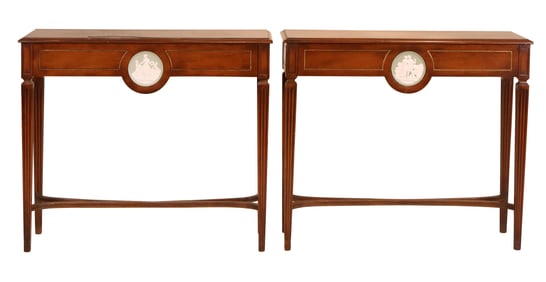 Pair of Louis XVI Style Brass-and-Porcelain Mounted Mahogany Serving Tables