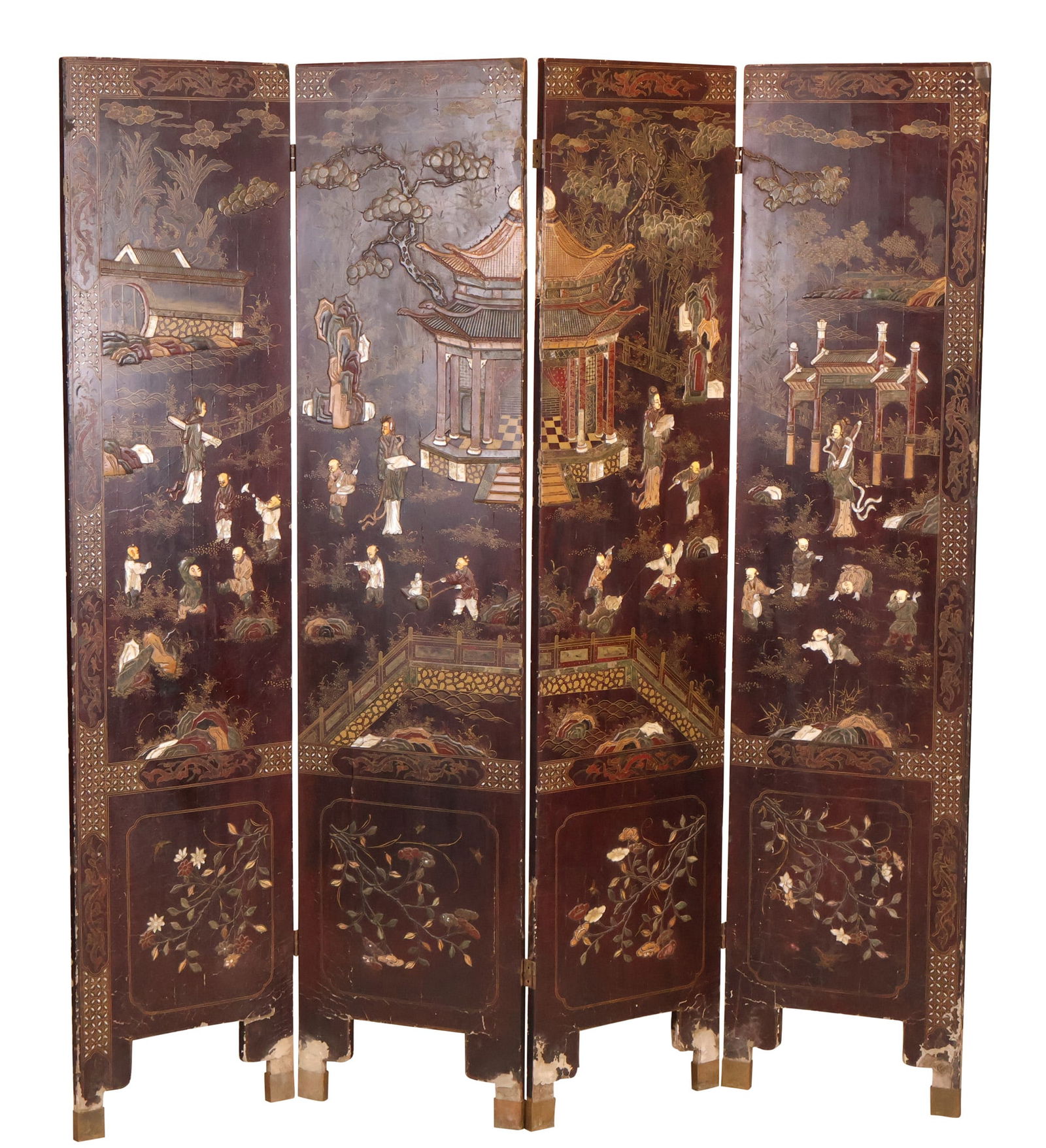 Chinese Hardstone Inset Lacquer Four Panel Screen (1 of 8)