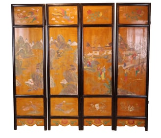 Chinese Lacquer and Hardwood Four Panel Screen