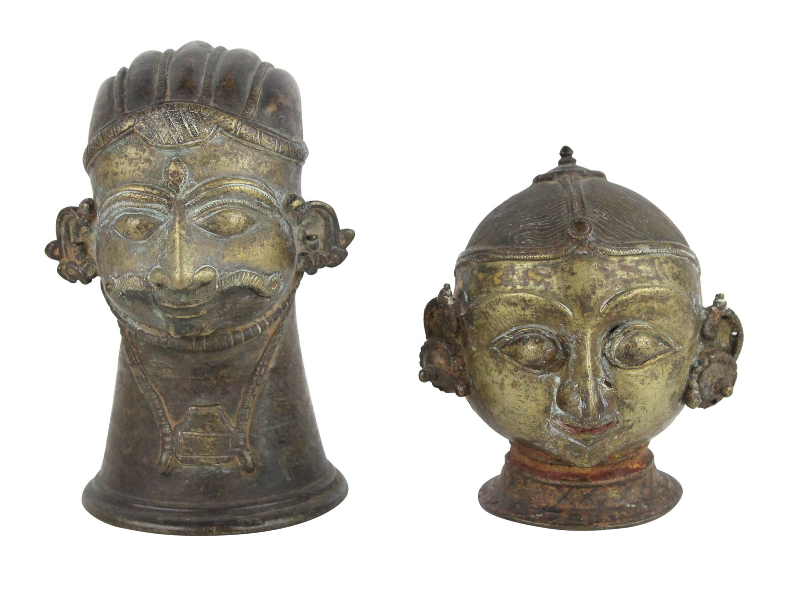 Bronze Mukhalinga (Head of Shiva): Bronze Mukhalinga (Head of Shiva) Together with a bust of Gang Qur Guari, both 19th C. 7 x 4 x 4 1/2 in. (17.8 x 10.2 x 11.4 cm.)