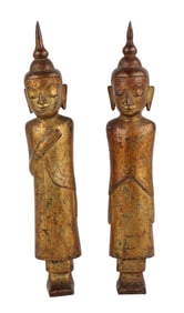 Pair of Shan Style Burmese Standing Gilt-Bronze Buddha