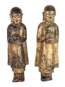 Pair of Carved Giltwood Standing Monks