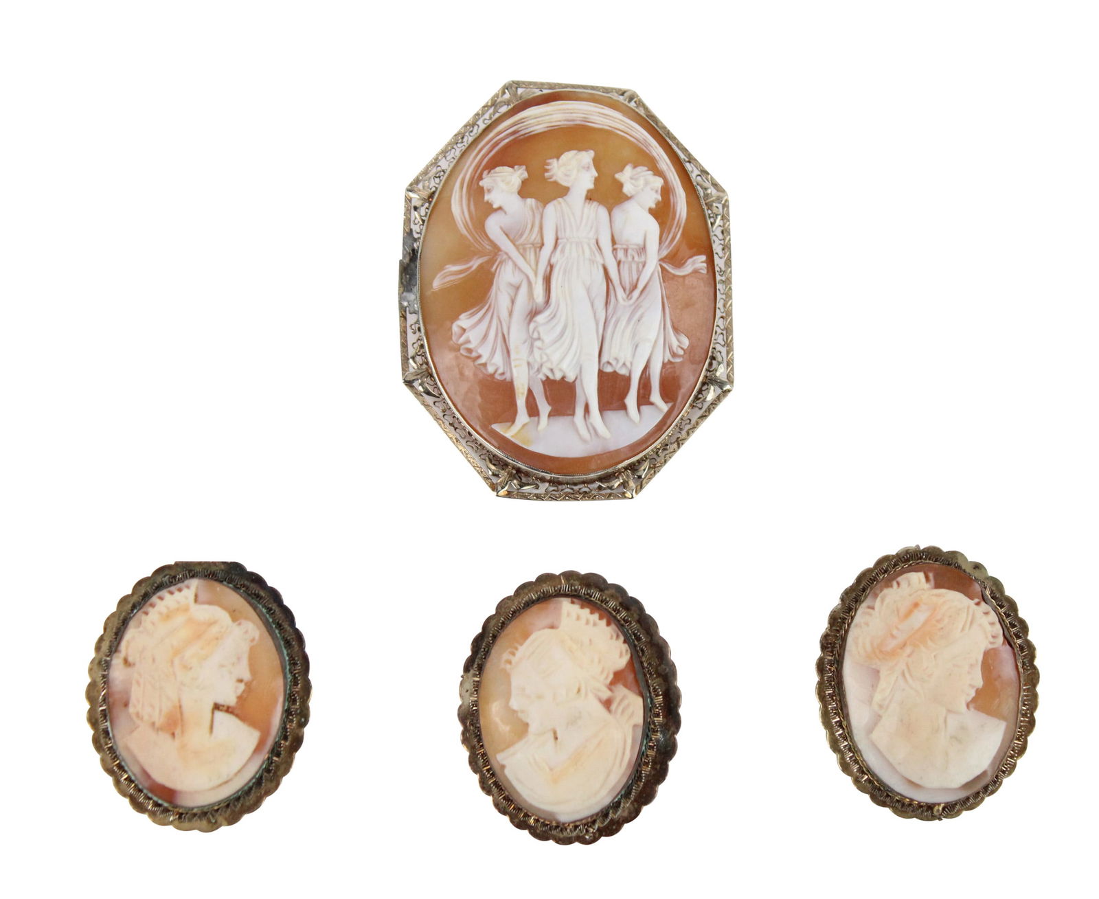 Large 14K Carved Cameo of the Three Graces: Large 14K Carved Cameo of the Three GracesStamped, "14K". Together with three smaller vintage cameos. All three are stamped 800 silver.2 x 2 in. (5.1 x 5.1 cm.)