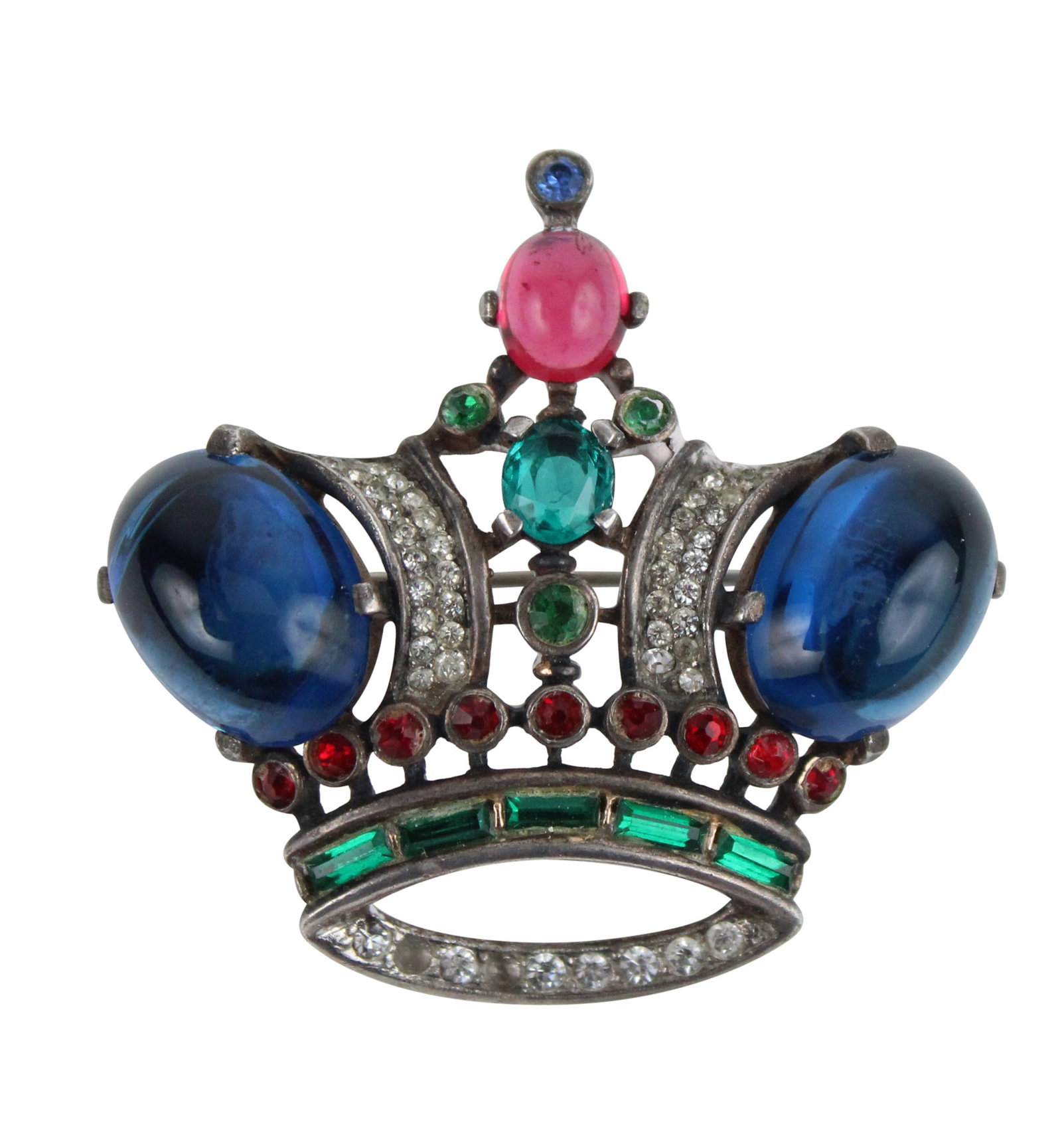 Trifari Sterling Silver Crown-Form Brooch: Trifari Sterling Silver Crown-Form Brooch Stamped, "Sterling" with polychrome faux gems. #197542; with two missing stones. 2 x 2 in. (5.1 x 5.1 cm.)