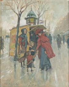 Augustin Grass-Mick, French 1873-1963, Parisian Street Scene, Mixed Media on Paper