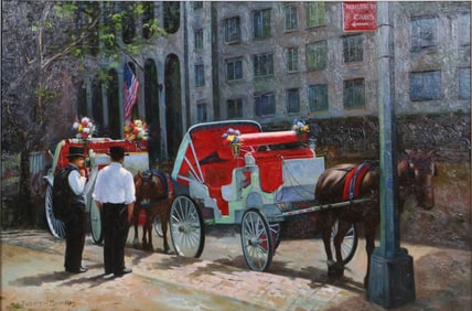 Joseth Sharn, American 20th C., Hansom Cab New York City, Oil on Canvas