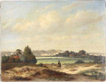 Hunter with Dog in Landscape, Oil on Canvas