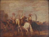 Dutch School, Men on Horseback Near Harbor, Oil on Board