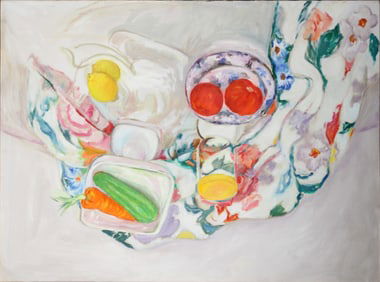 Still Life of Food on a Blanket, Oil on Canvas