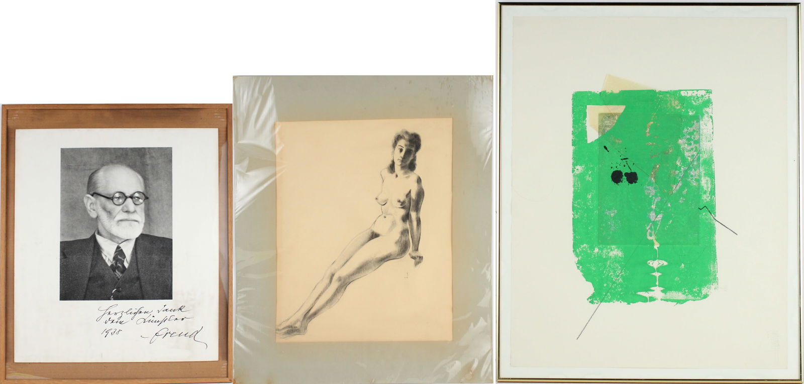 Abstract in Green and Black, Mixed Media on Paper: Abstract in Green and BlackMixed Media on PaperSigned in pencil l.l. Together with a charcoal drawing of a nude reclining woman and a print of photograph of Sigmund Freud, signed in the print. 3 piece