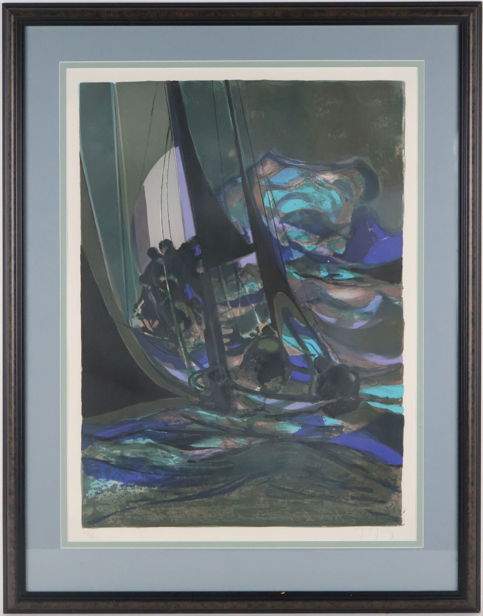 Marcel Mouly, French 1918-2008, Yachtsmen au Soleil Noire, Lithograph: Marcel MoulyFrench, 1918-2008Yachtsmen au Soleil NoireLithographSigned in pencil l.r. and numbered 218/220 l.l.Sight: 26 x 19 1/4 in. (66 x 48.9 cm.), Frame: 33 1/2 x 26 1/2 in. (85.1 x 67.3 cm.)