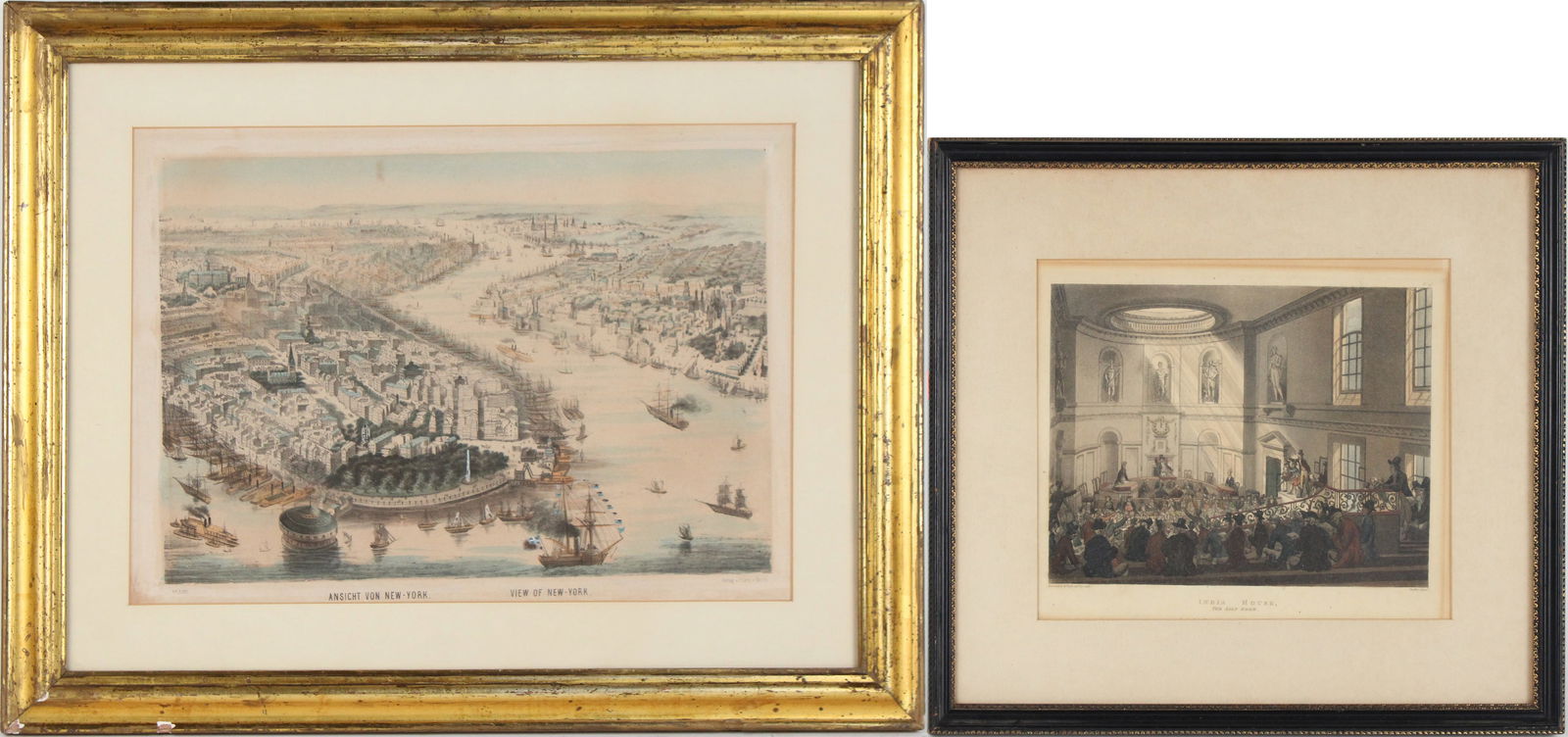 Bird's Eye View of New York City, Engraving: Bird's Eye View of New York CityEngravingTogether with an engraving of "India House: The Sale Room" by Thomas Rowlandson. 2 piecesSight: 12 x 16 in. (30.5 x 40.6 cm.), Frame: 18 1/2 x 22 1/4