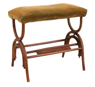 Oak Bentwood and Velvet Upholstered Footstool