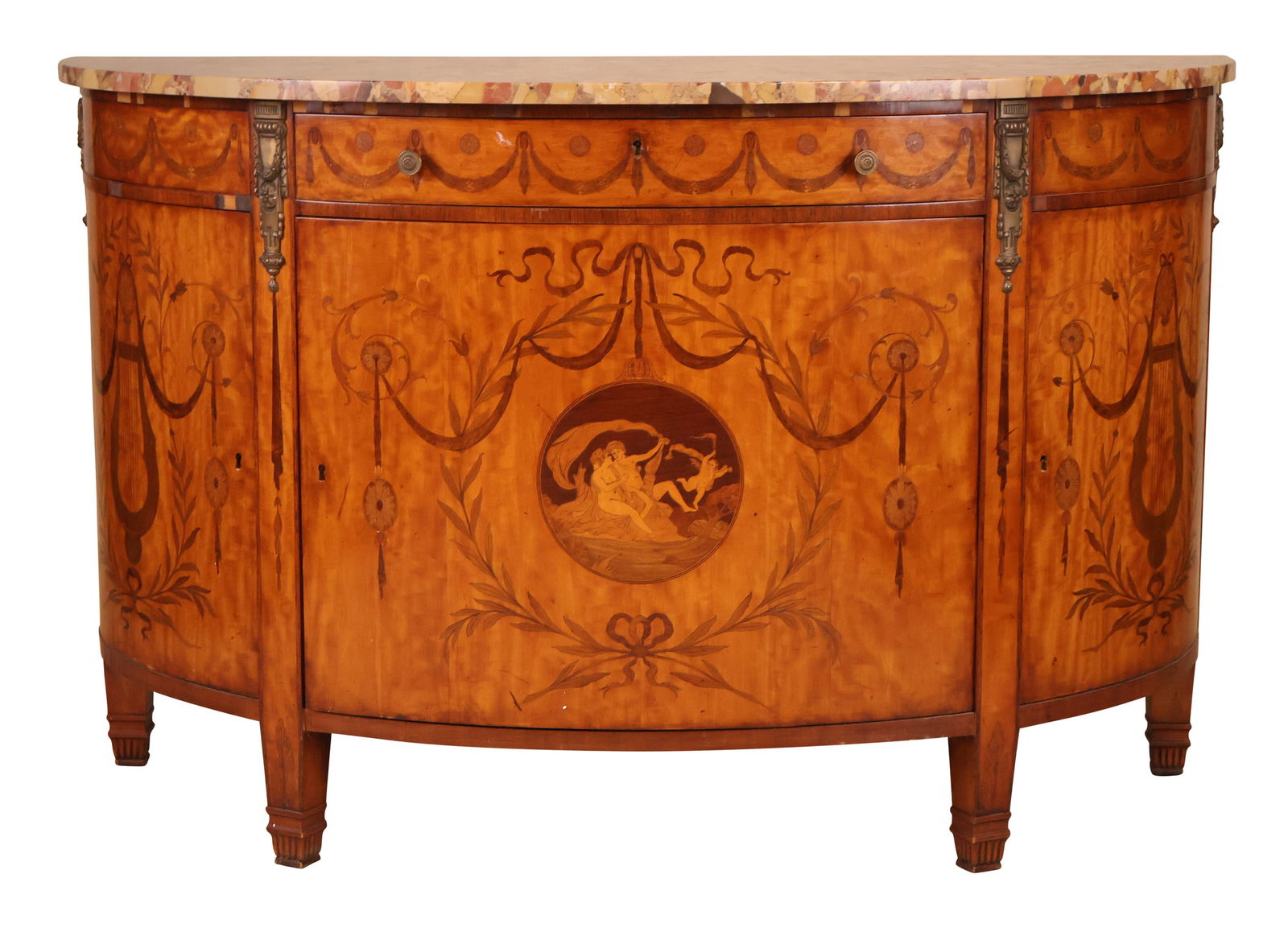 Louis XVI Style Gilt-Metal Mounted Tulipwood Marquetry Commode: Louis XVI Style Gilt-Metal Mounted Tulipwood Marquetry Commode20th C. With marble top.Surface distress, wear.31 x 44 x 20 in. (78.7 x 111.8 x 50.8 cm.)