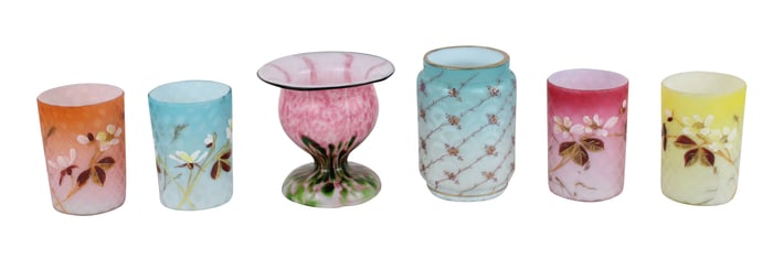 Four Hand-Painted Art Glass Tumblers and Vase