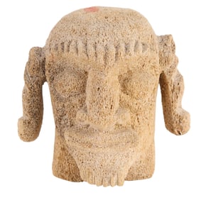 Volcanic Stone Carved Head of a Bearded Warrior