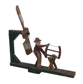 Painted and Polychrome-Decorated Man Sawing Wood Whirligig
