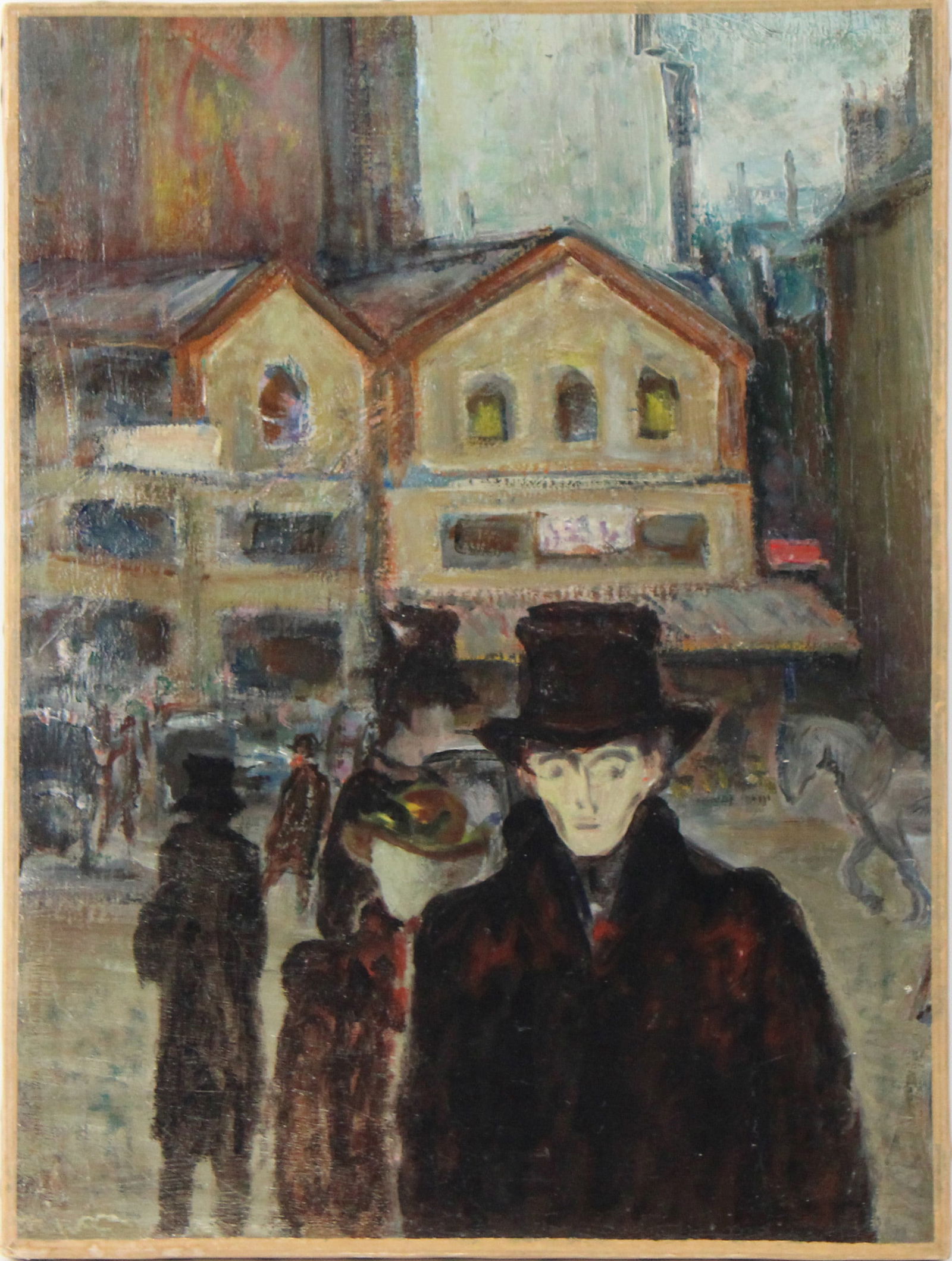 In the Manner of Edvard Munch, Norwegian 1863-1944, Oil on Canvas, Figures in Urban Streetscape (1 of 6)